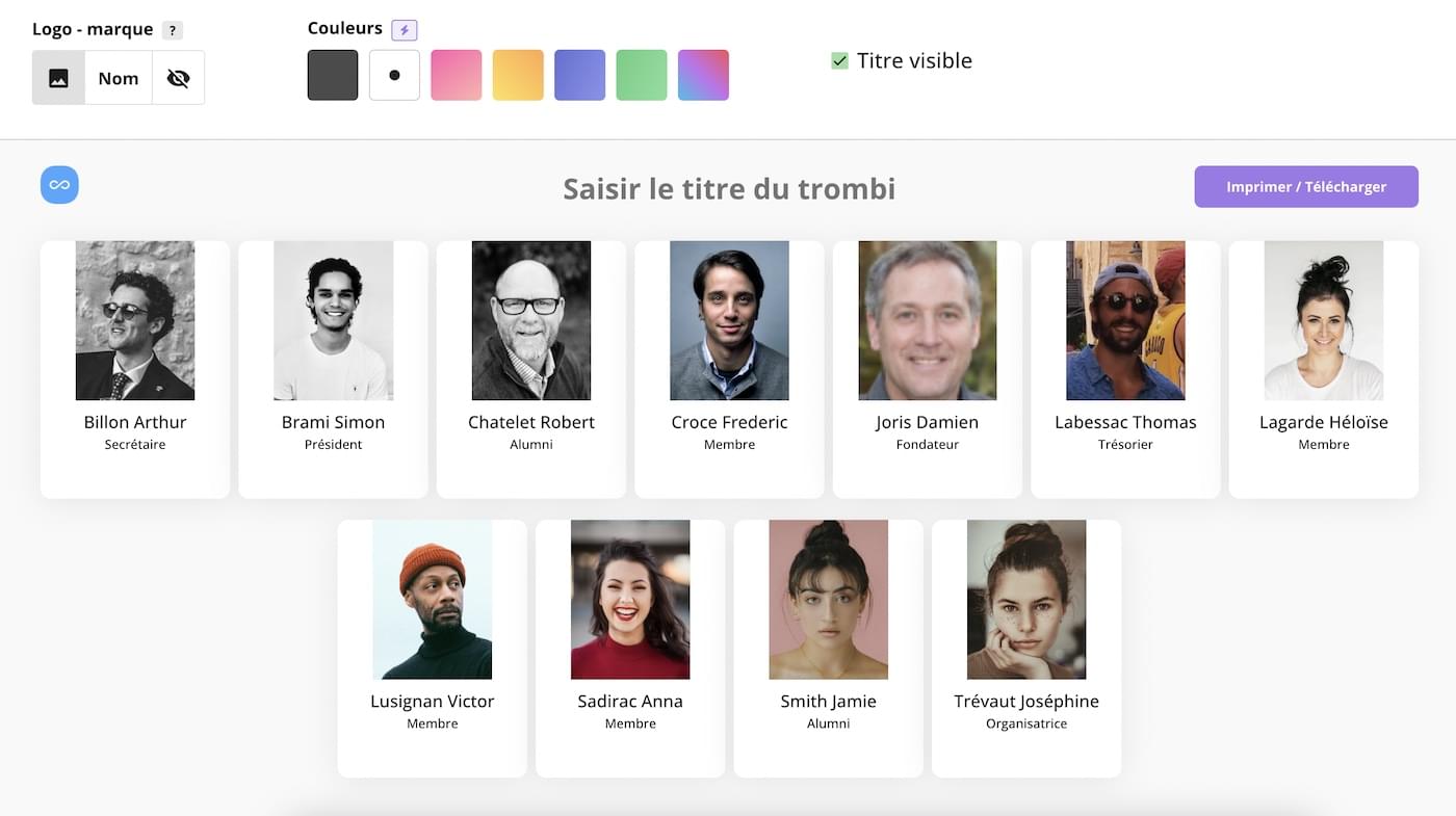 Prévisualisation du trombinoscope avant impression ou export en PDF. Le trombinoscope est trié par ordre alphabétique et contient plusieurs membres d'une association.